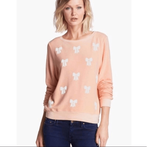 Wildfox Baby Bow Fleece Sweatshirt Peach Crewneck oversized women's s small - Picture 2 of 8
